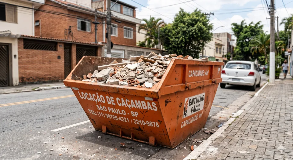 Caçamba de entulho estacionada em rua de São Paulo