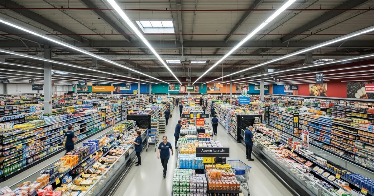 Interior de supermercado brasileiro iluminado durante queda de energia com funcionamento normal das operações